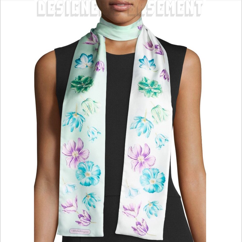 SALVATORE FERRAGAMO mint TULIPANI SKINNY long 2-sided silk twill scarf +envelope - Picture 5 of 6